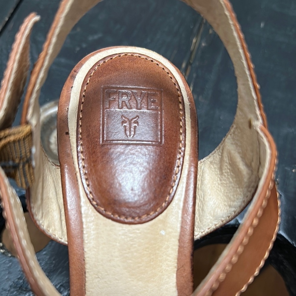 FRYE Carlie Huarache Ankle Brown Leather Wedge Sandals - Picture 10 of 14